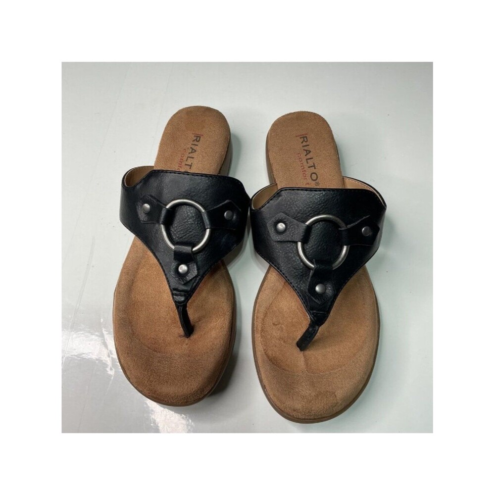 Rialto Comfort Bianka Black Wedge Sandals Women's Size 6.5M Slip-On Thong Style
